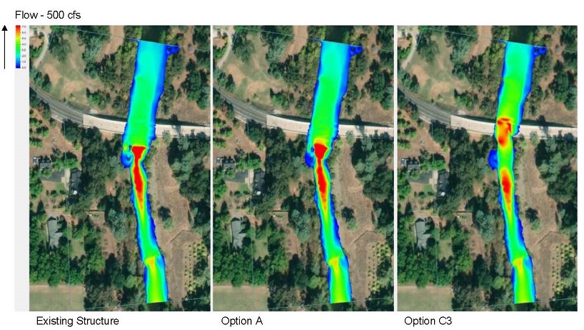 2D velocity contour plots comparing projected velocities of Option A and C3 with the existing structure at 500 cfs.